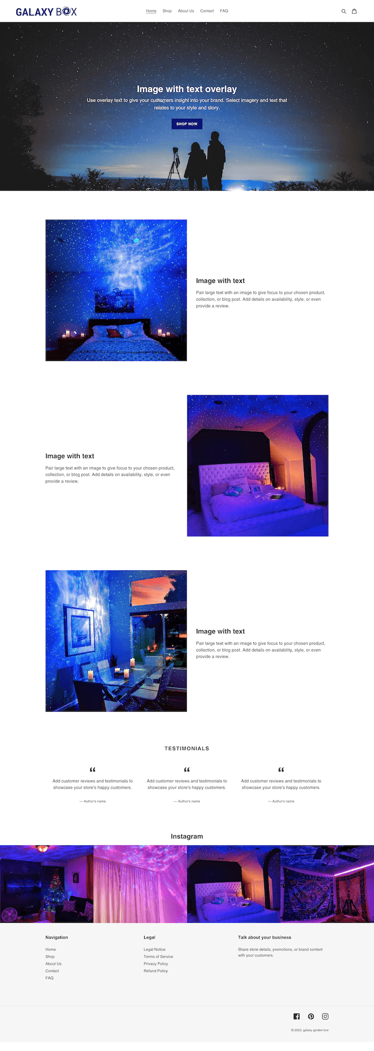 Website homepage showing Galaxy Box logo, starry night image header with two people and tripod silhouetted, followed by images of star projector effects in bedroom and dining room settings with candles, testimonials section, Instagram photo thumbnails, and a footer with navigation and social media icons.