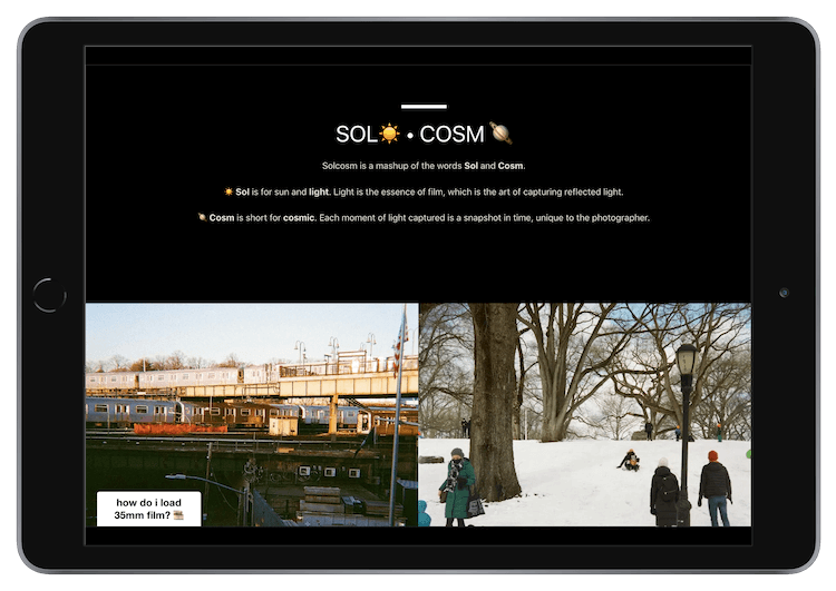Tablet screen showing a webpage titled 'SOL☀️ • COSM🪐' explaining the words Sol and Cosm with two photos below, one of city trains and the other of people in a snowy park.
