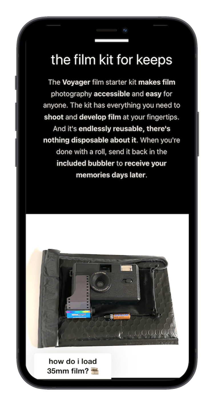 Smartphone screen showing text about Voyager film starter kit and an image of a black film camera with 35mm film and a AAA alkaline battery on a black padded pouch.